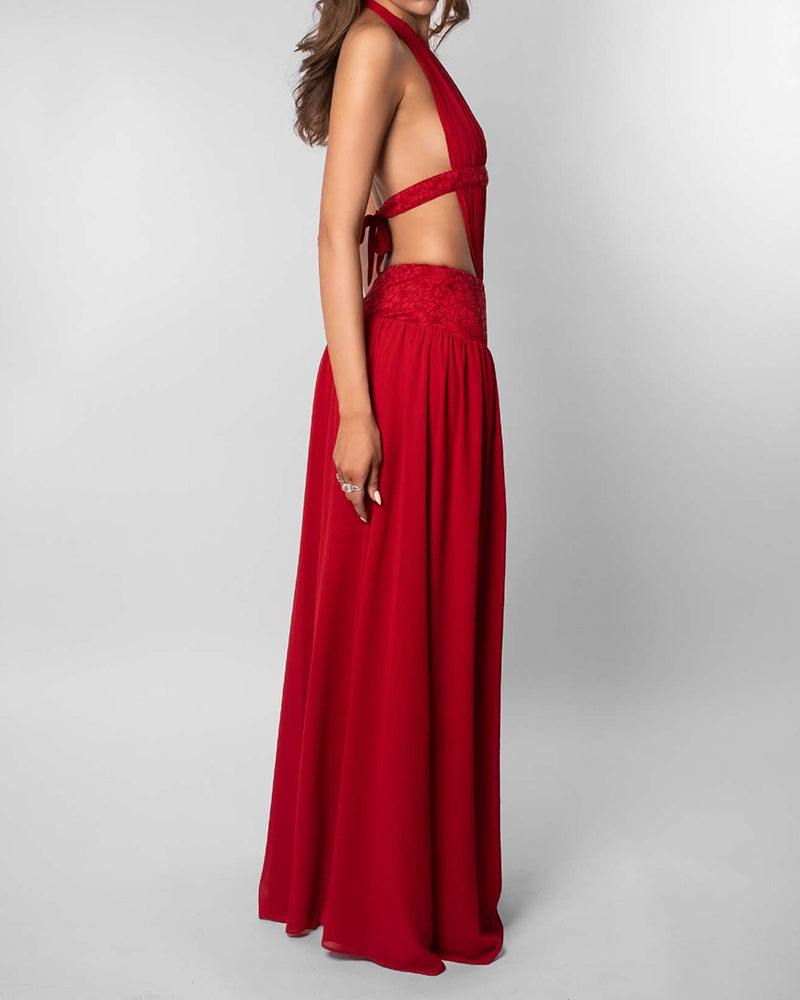 Simone Red Cut-Out Halter Maxi Dress