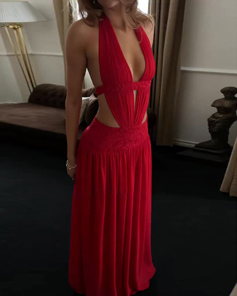 Simone Red Cut-Out Halter Maxi Dress