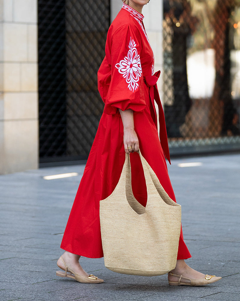 Zara Red Floral Pattern Kaftan Maxi Dress