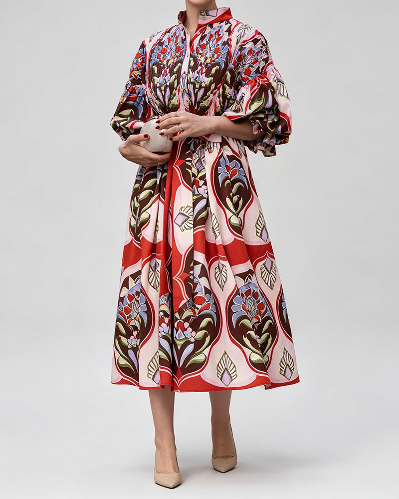 Sabina Red Printed Lantern-Sleeve Shirtdress Maxi Dress