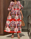Sabina Red Printed Lantern-Sleeve Shirtdress Maxi Dress