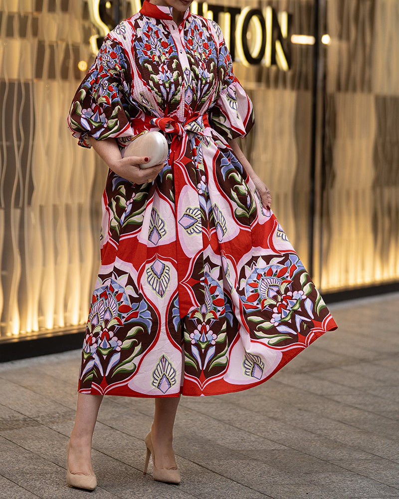 Sabina Red Printed Lantern-Sleeve Shirtdress Maxi Dress