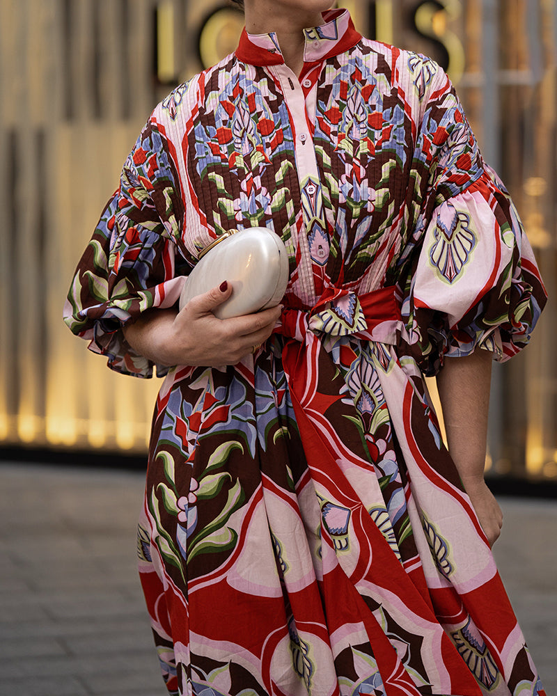Sabina Red Printed Lantern-Sleeve Shirtdress Maxi Dress