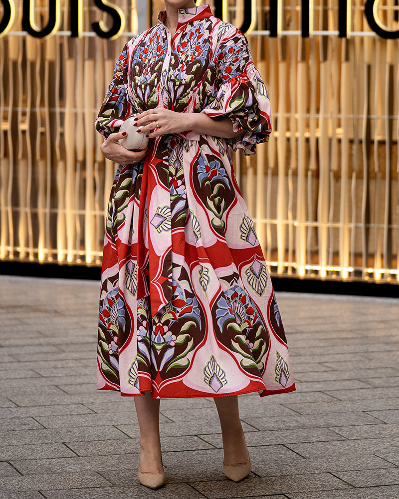 Sabina Red Printed Lantern-Sleeve Shirtdress Maxi Dress