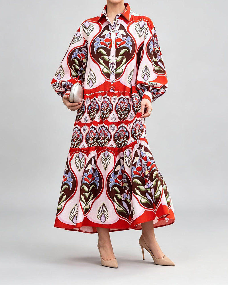 Viola Red Tiered Printed Shirtdress Maxi Dress