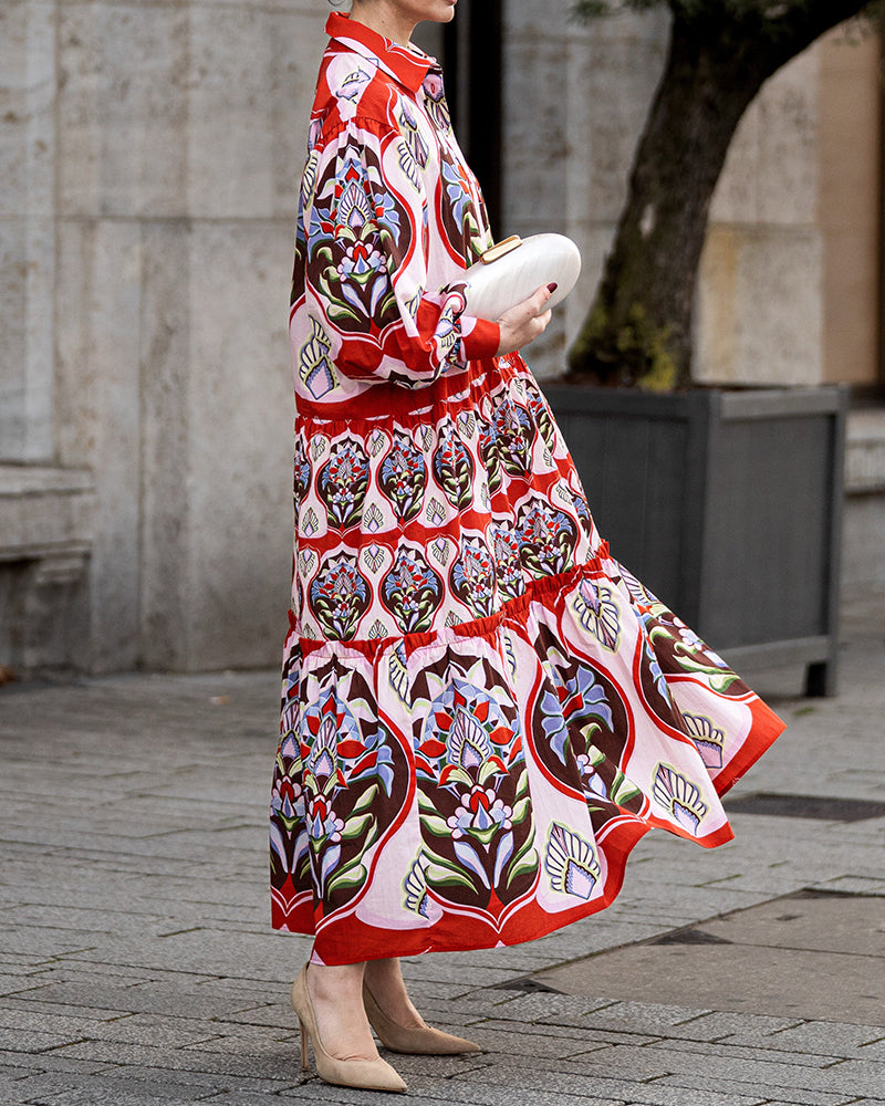 Viola Red Tiered Printed Shirtdress Maxi Dress