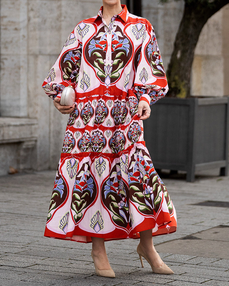 Viola Red Tiered Printed Shirtdress Maxi Dress