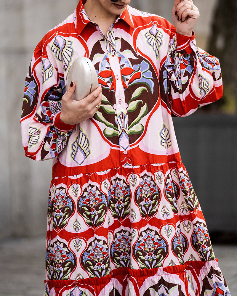 Viola Red Tiered Printed Shirtdress Maxi Dress