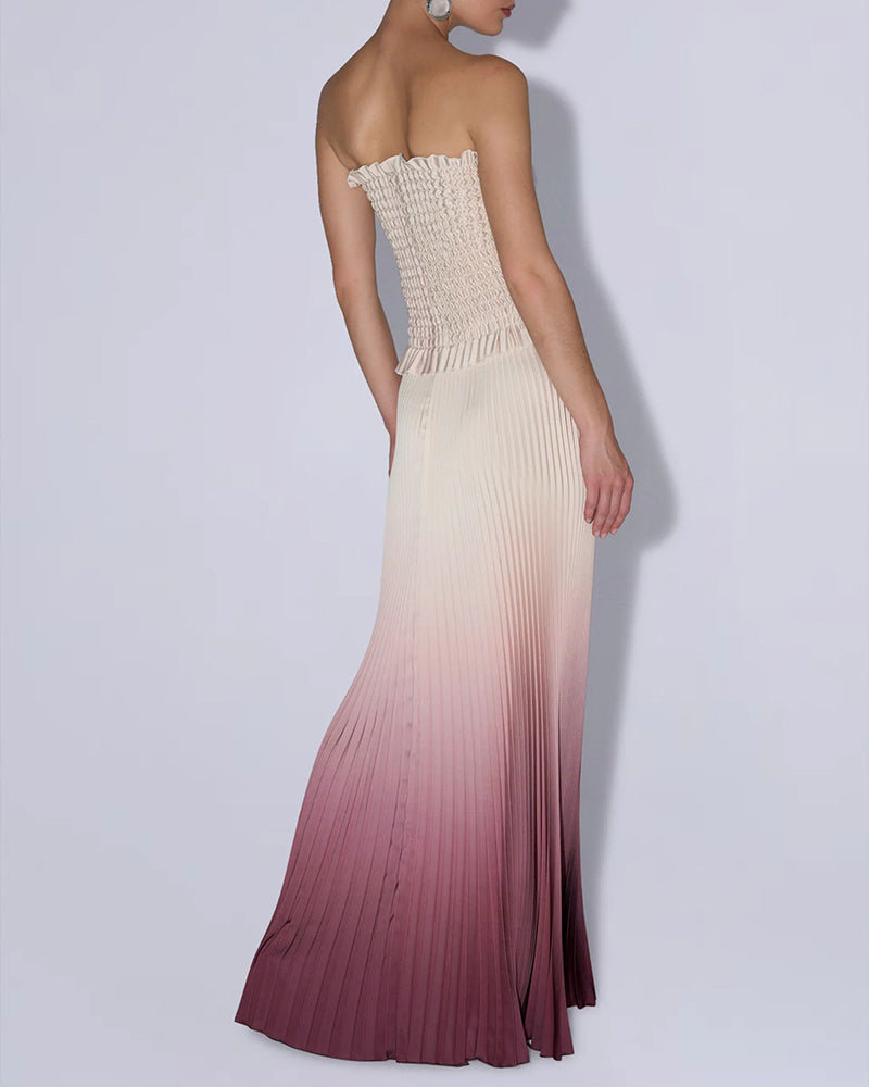 Veda Rose Red Ombre Pleated Smocked Maxi Dress