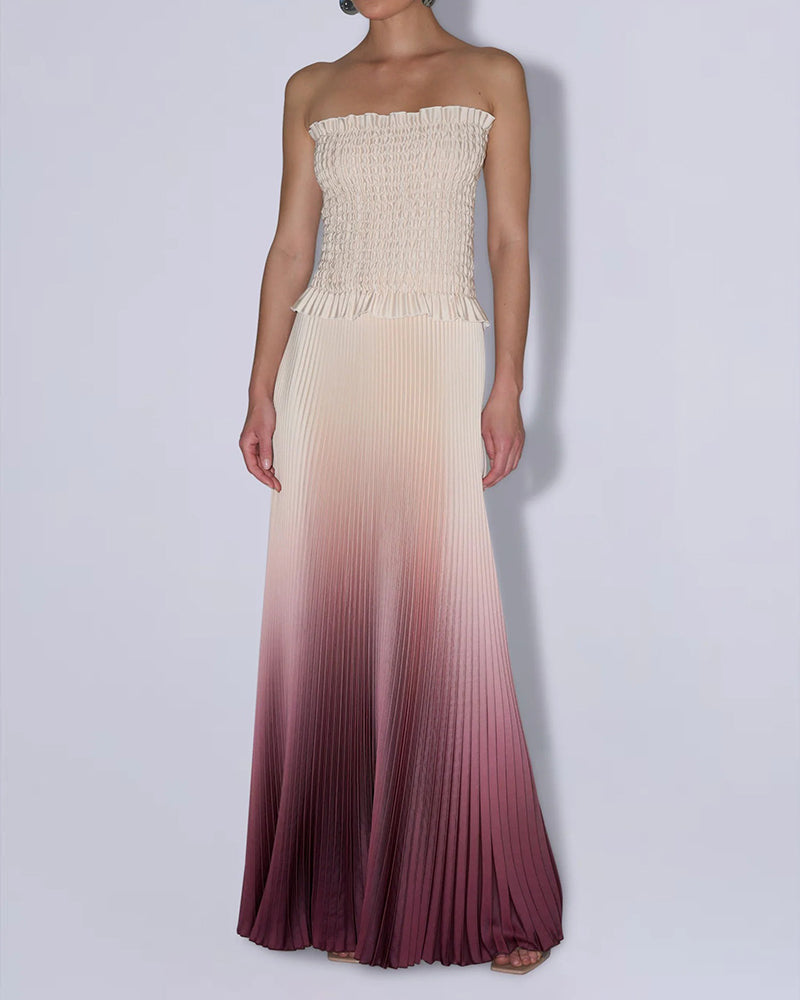 Veda Rose Red Ombre Pleated Smocked Maxi Dress