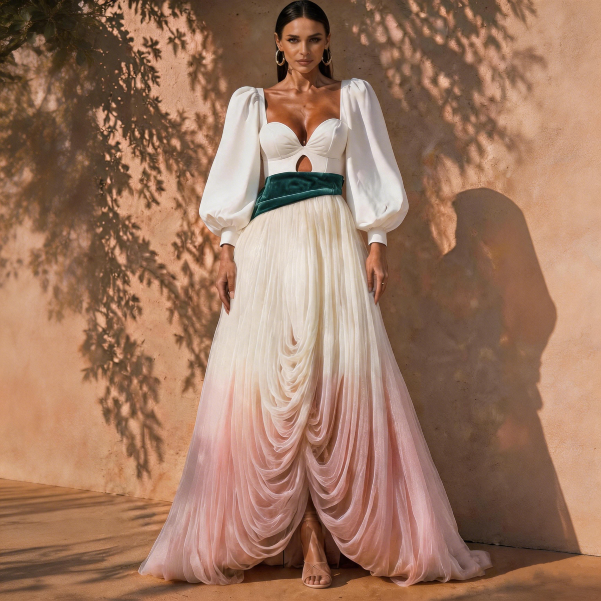 Arielle White Puff-Sleeve Ombré Draped Maxi Dress