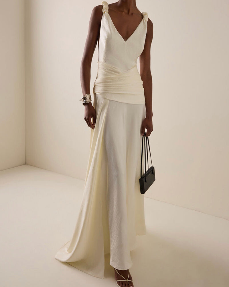 Aniya White Knot-Shoulder Ruched Satin Maxi Dress