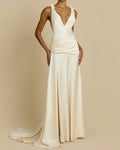 Aniya White Knot-Shoulder Ruched Satin Maxi Dress