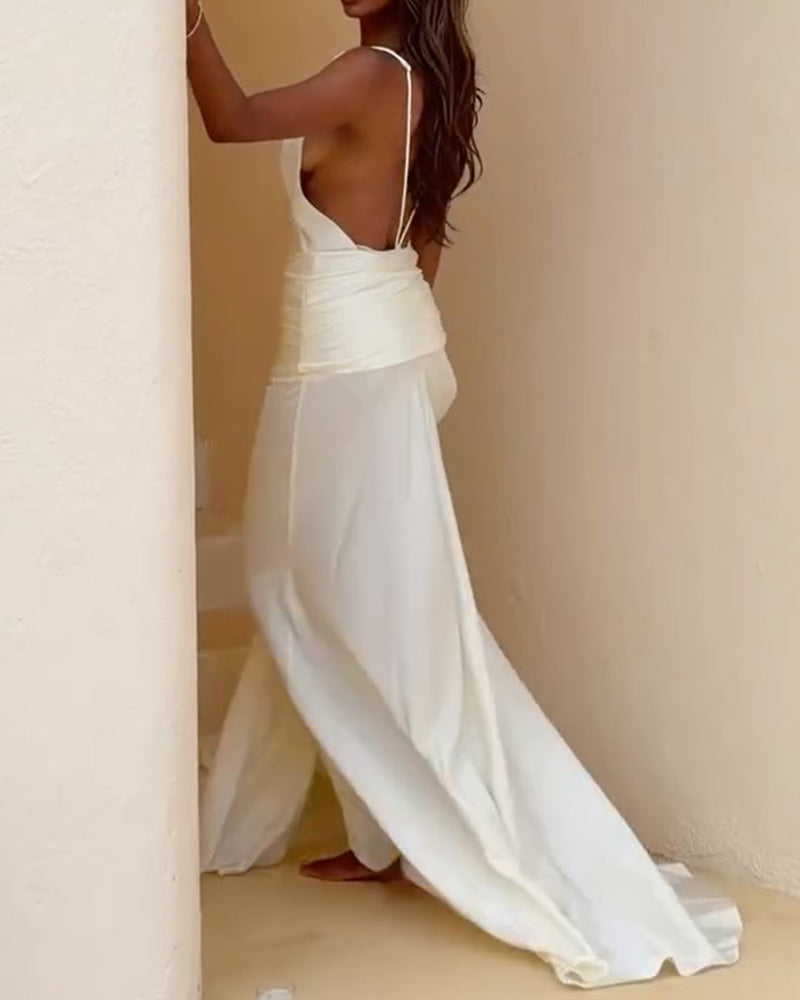 Aniya White Knot-Shoulder Ruched Satin Maxi Dress