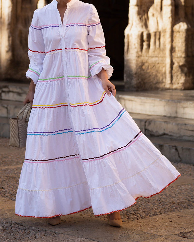 Luna White  Rainbow Rickrack Tiered Maxi Dress