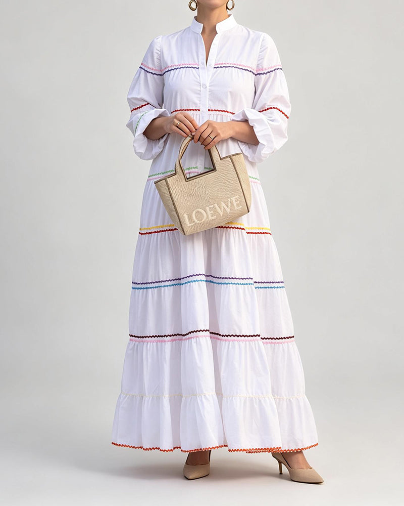 Luna White  Rainbow Rickrack Tiered Maxi Dress