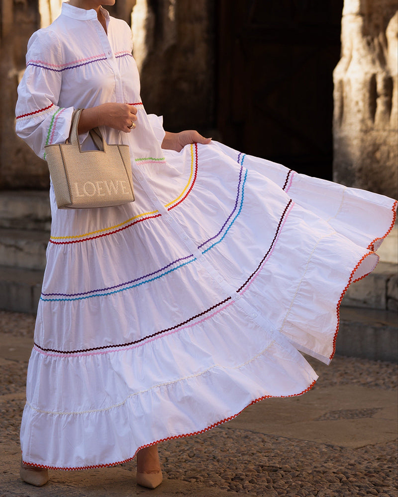 Luna White  Rainbow Rickrack Tiered Maxi Dress