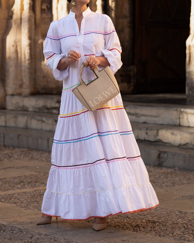 Luna White  Rainbow Rickrack Tiered Maxi Dress