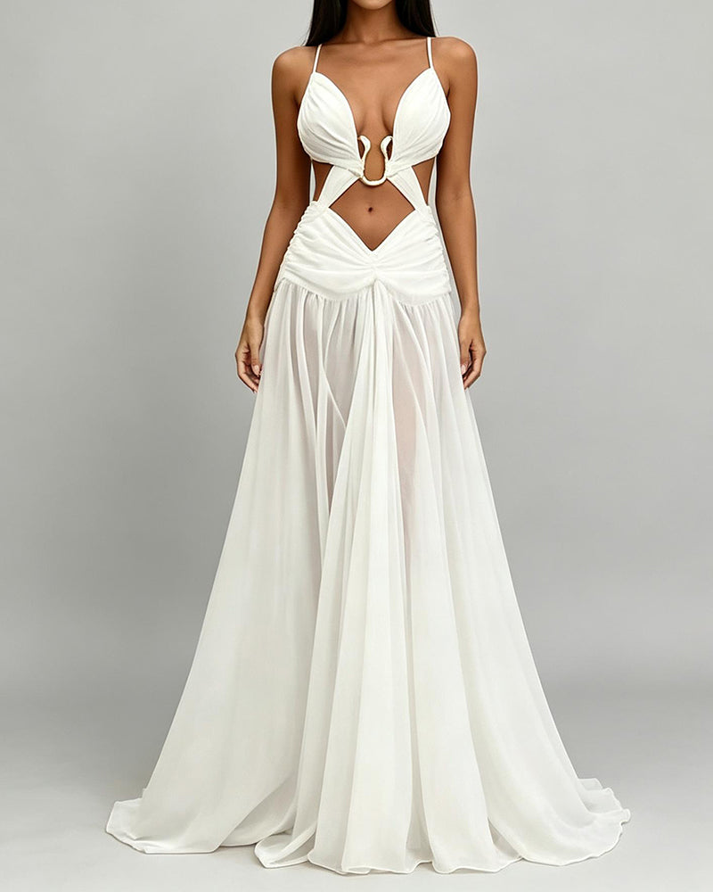 Vivian White Hardware-Detailed Plunging Cut-Out Maxi Dress