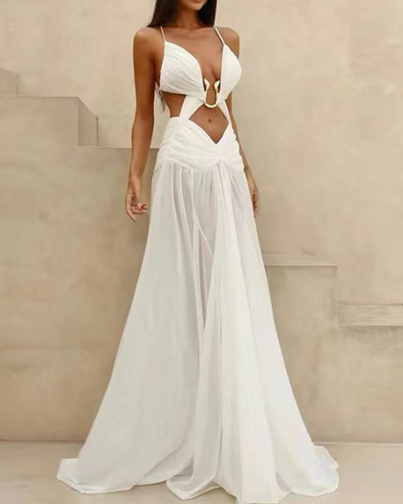 Vivian White Hardware-Detailed Plunging Cut-Out Maxi Dress