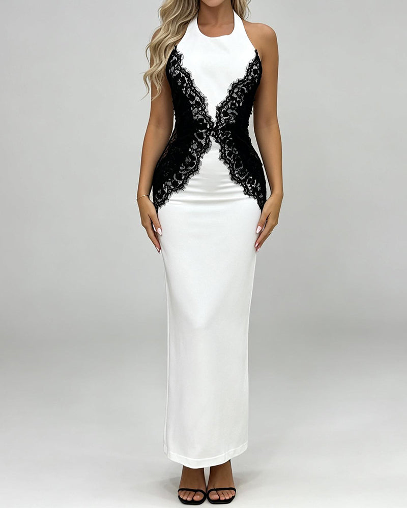 Clara White Lace-Appliqué Halter Column Maxi Dress