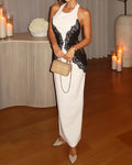 Clara White Lace-Appliqué Halter Column Maxi Dress