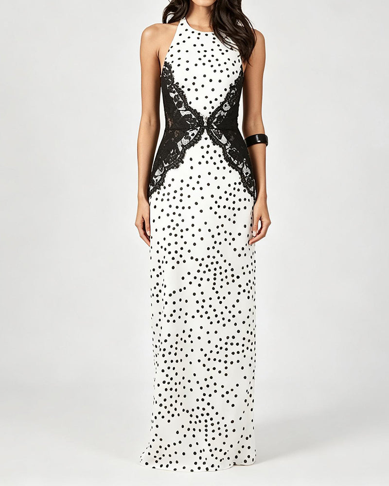 Ayla White Polka Dot Lace Contour Halter Maxi Dress