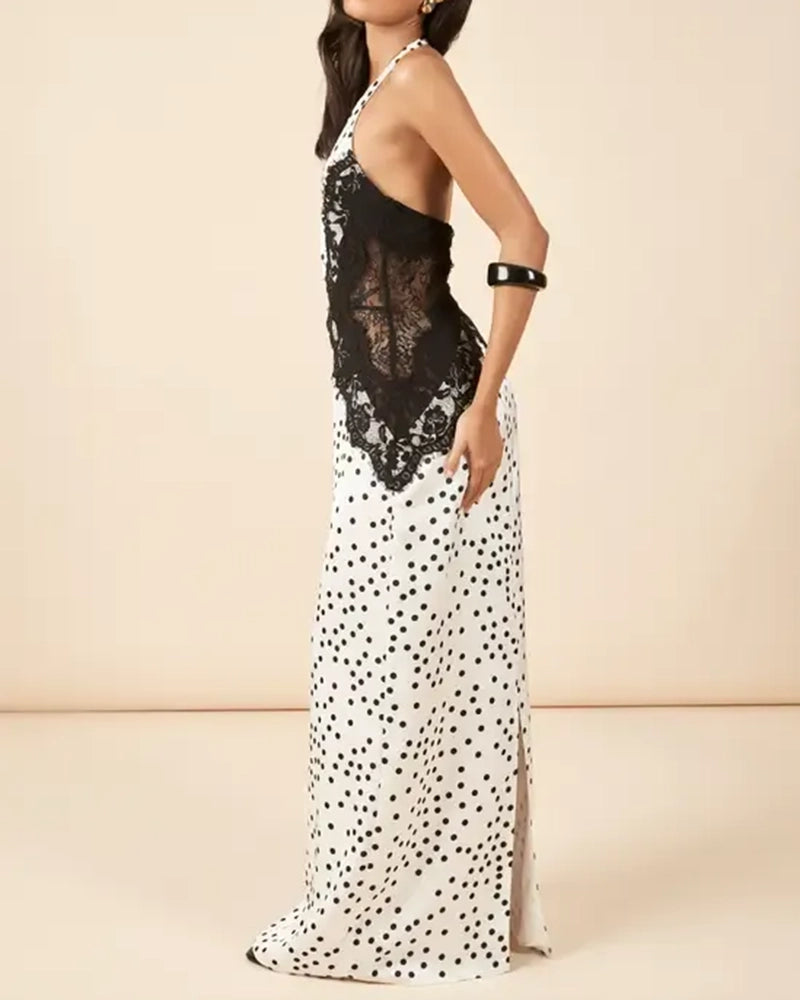Ayla White Polka Dot Lace Contour Halter Maxi Dress