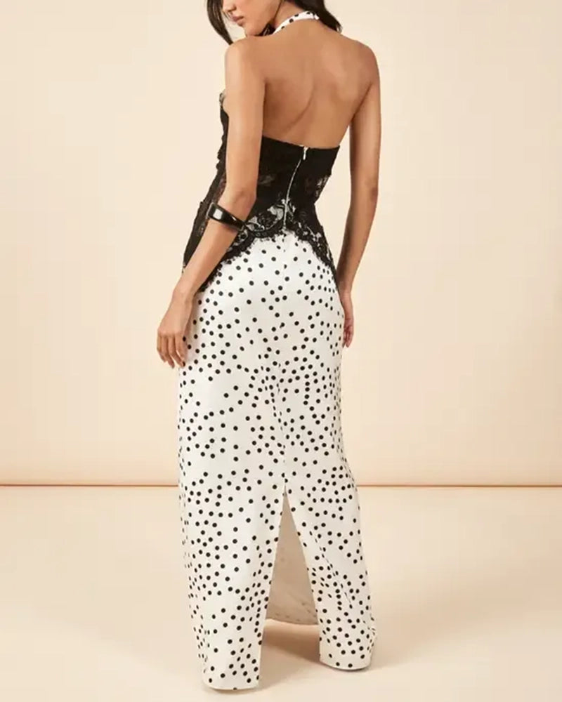 Ayla White Polka Dot Lace Contour Halter Maxi Dress