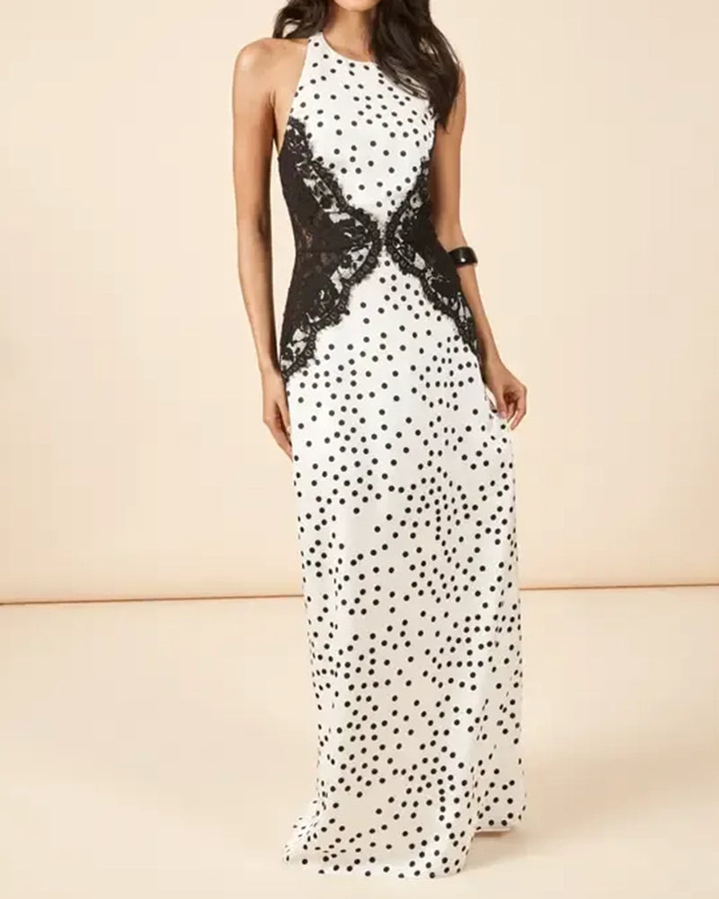 Ayla White Polka Dot Lace Contour Halter Maxi Dress