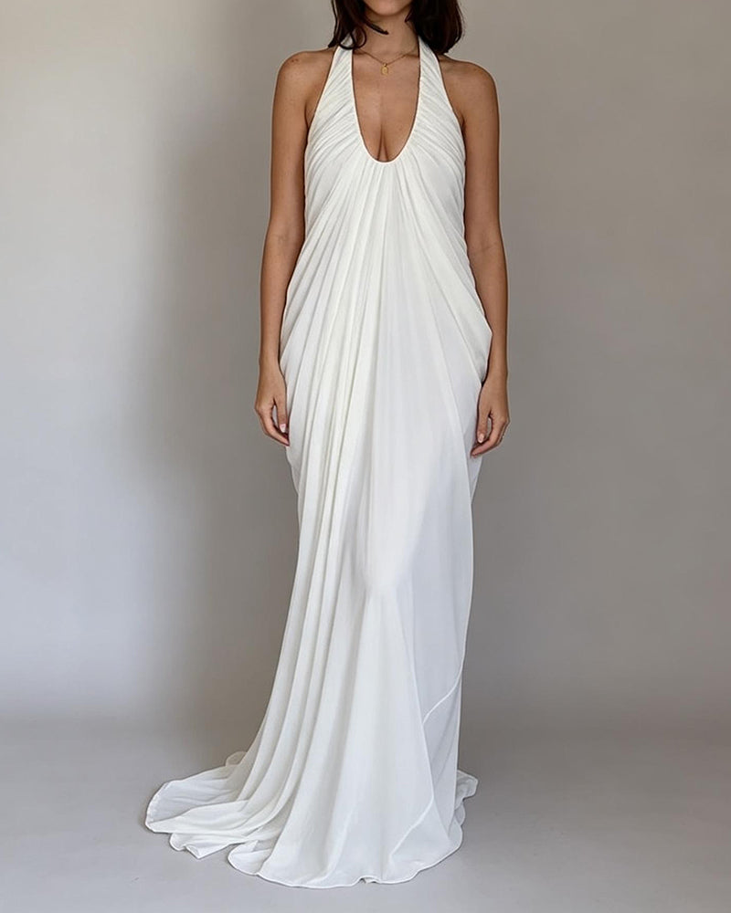 Shaina White Plunging Halter Draped Maxi Dress