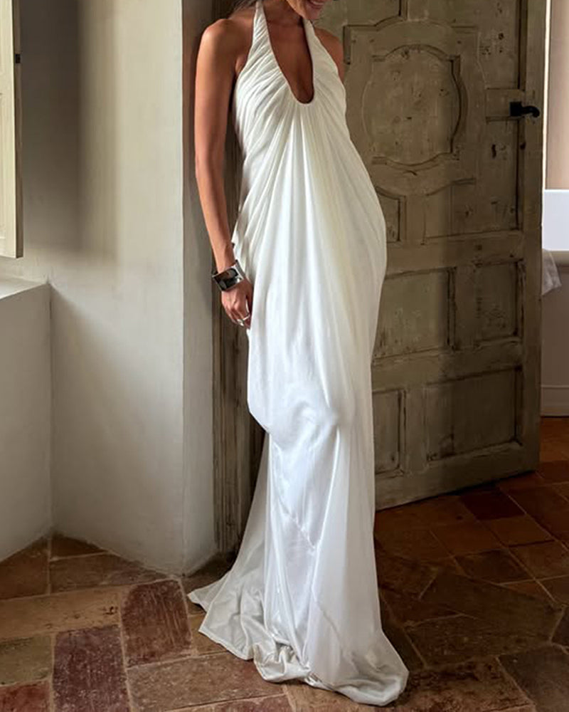 Shaina White Plunging Halter Draped Maxi Dress