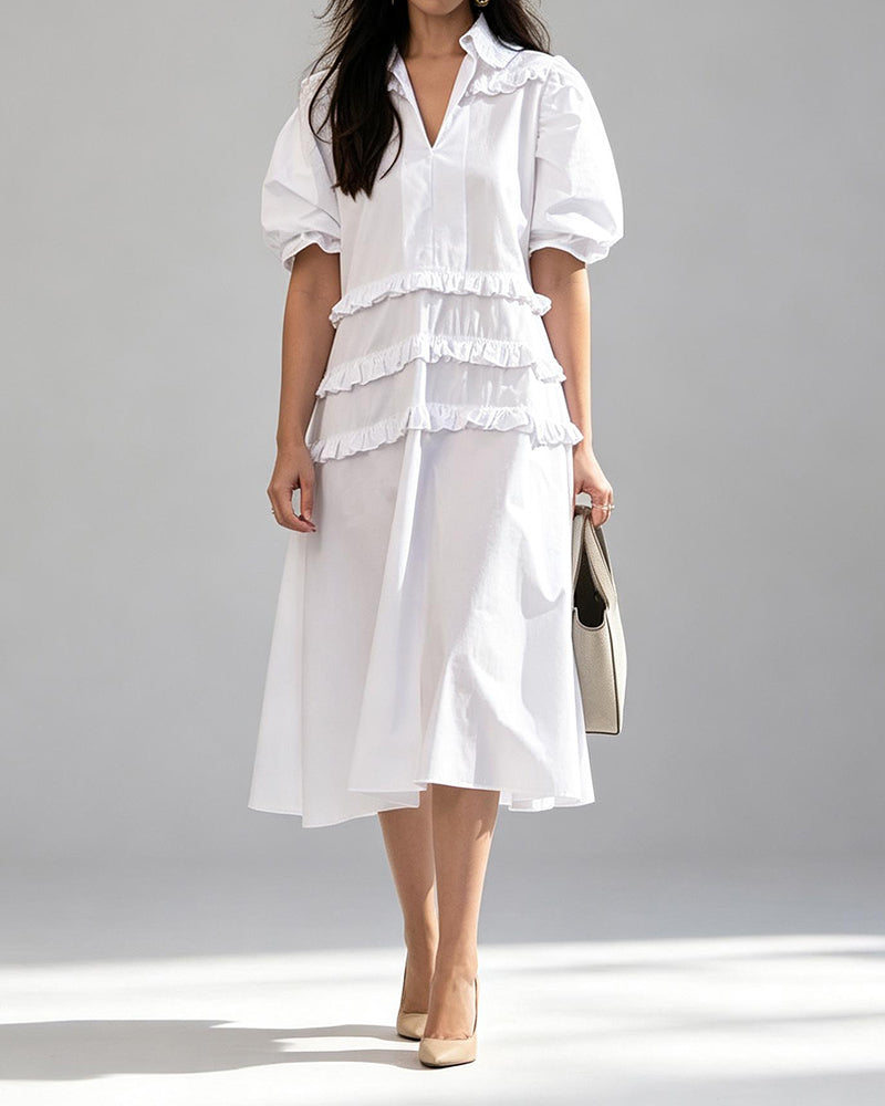 Alexa White Ruffled Puff Sleeves Midi Dress