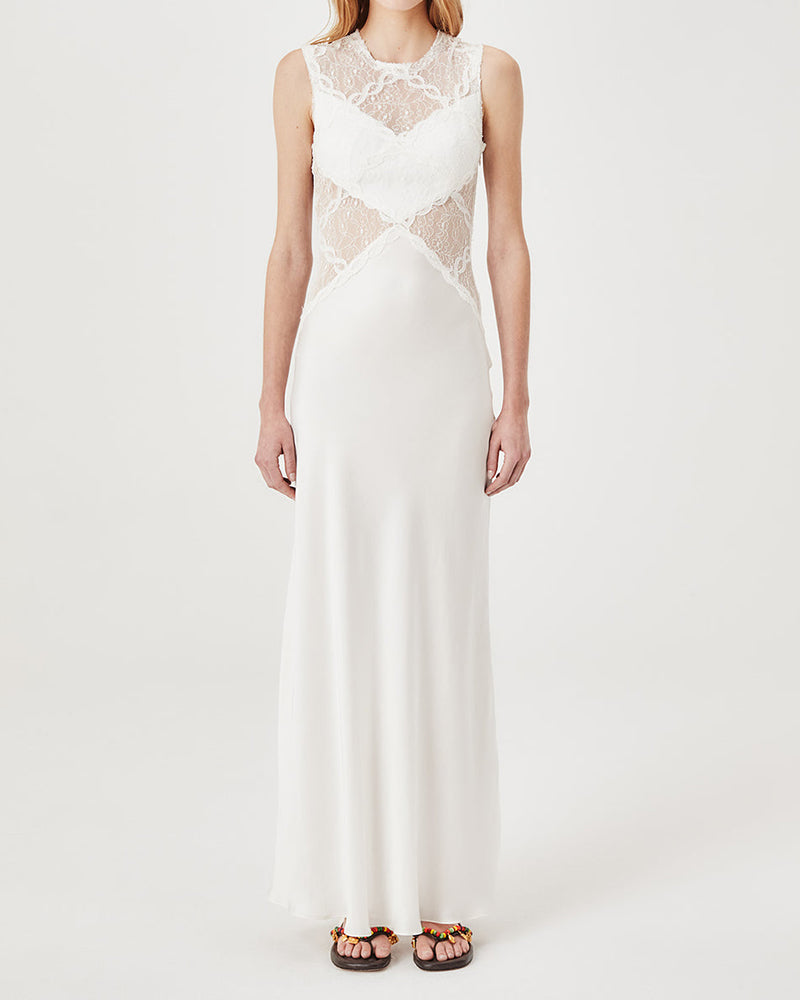 Yasmine White Lace-Panelled Maxi Dress