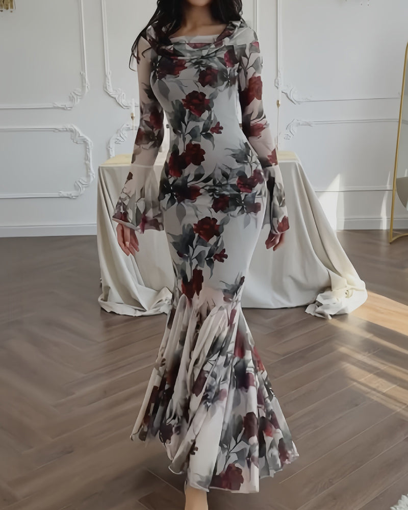 Victoria White Floral Print Mesh Mermaid Maxi Dress