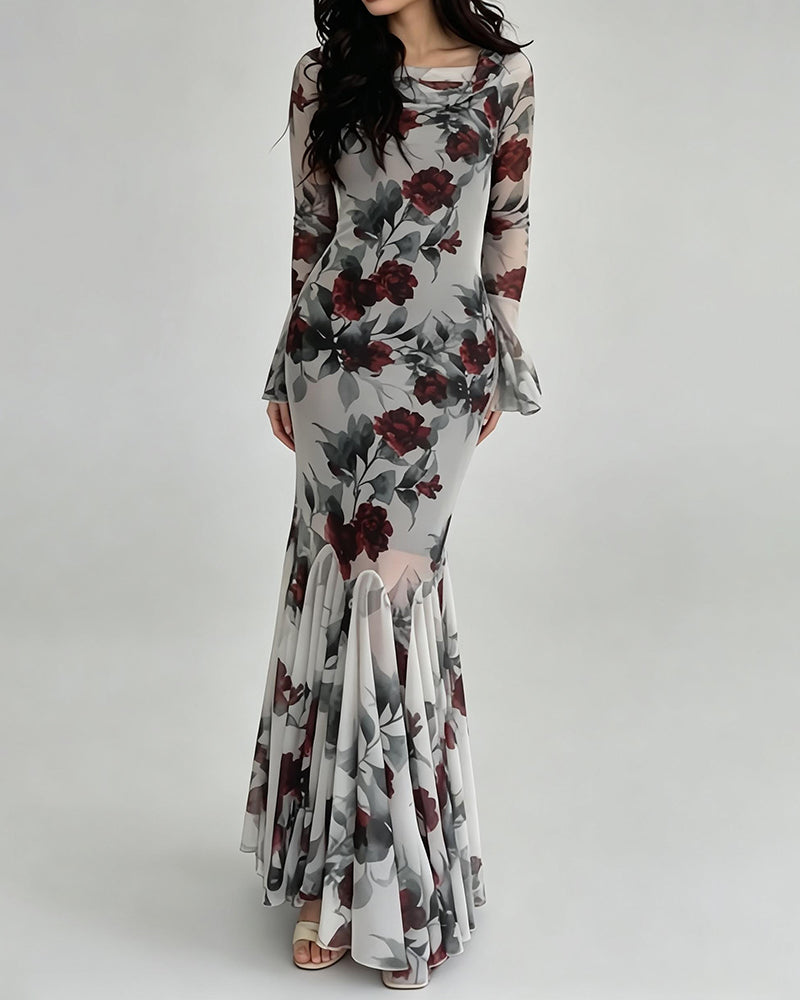 Victoria White Floral Print Mesh Mermaid Maxi Dress