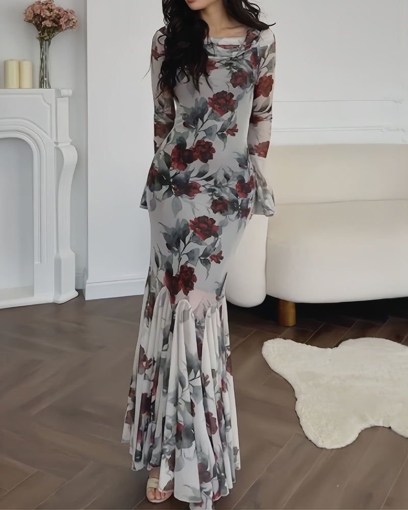 Victoria White Floral Print Mesh Mermaid Maxi Dress