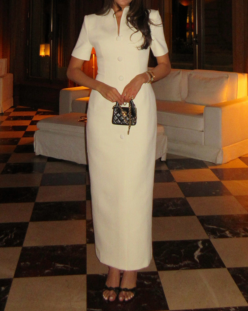 Helena White Stand Collar Button Front Short Sleeve Maxi Dress