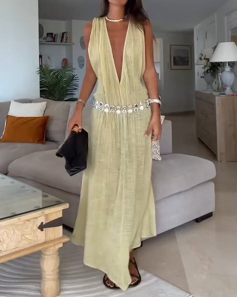 Alessandra Beige Plunging Draped Linen Maxi Dress