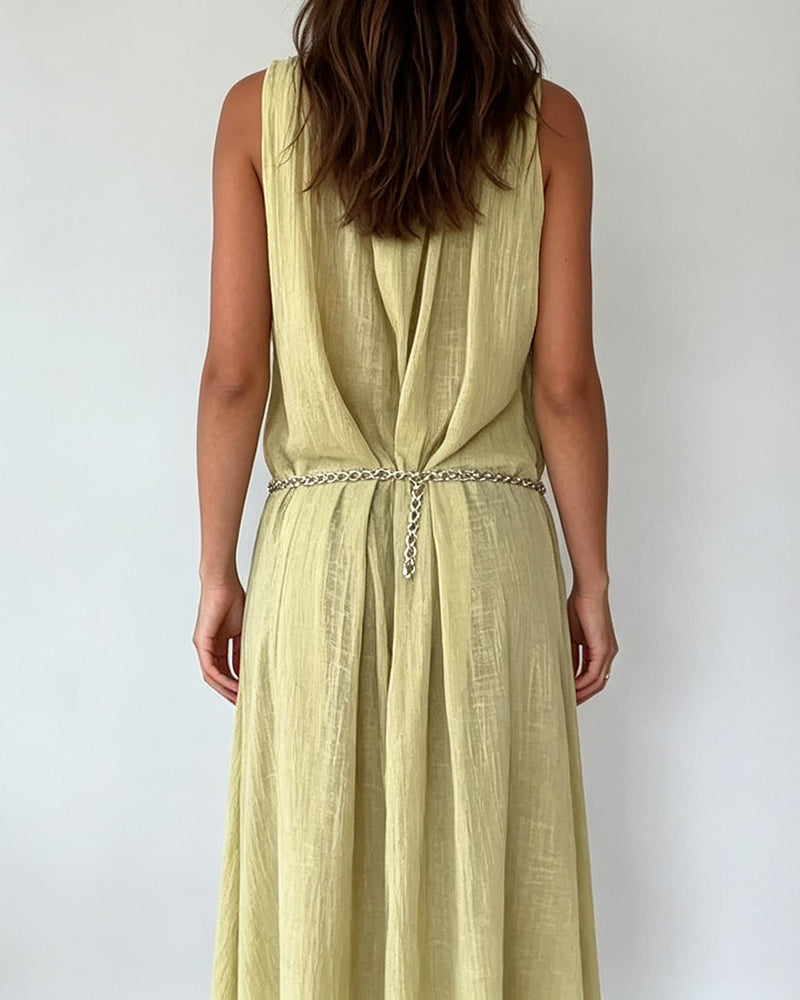 Alessandra Beige Plunging Draped Linen Maxi Dress