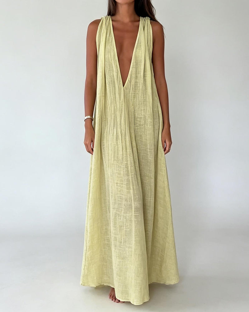 Alessandra Beige Plunging Draped Linen Maxi Dress