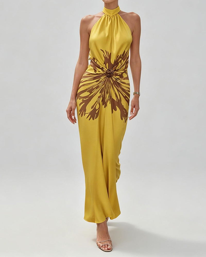 Alaina Yellow Floral Rosette Halter Maxi Dress