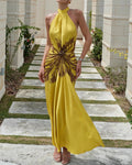 Alaina Yellow Floral Rosette Halter Maxi Dress