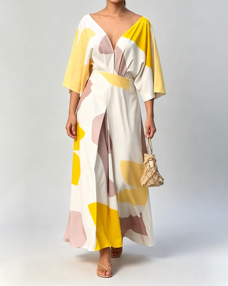 Nyla Yellow V-neck Kimono Sleeve Maxi Dress