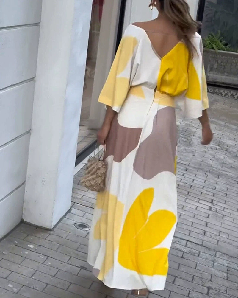 Nyla Yellow V-neck Kimono Sleeve Maxi Dress