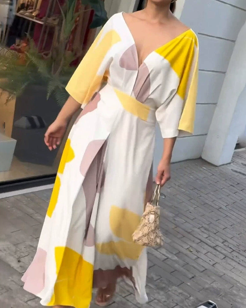 Nyla Yellow V-neck Kimono Sleeve Maxi Dress