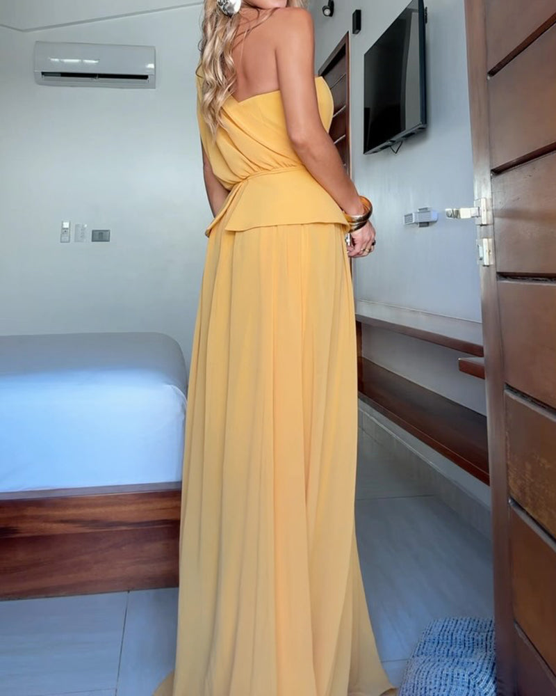 Tatiana Yellow Elegant One-Shoulder Chiffon Maxi Evening Dress
