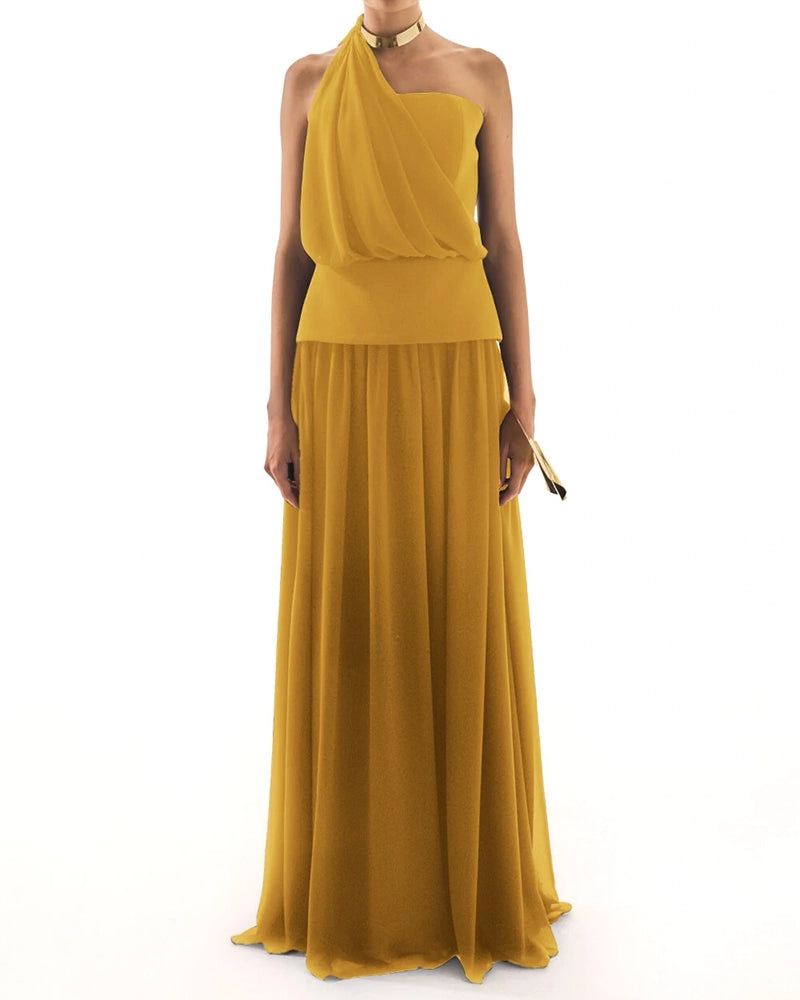 Tatiana Yellow Elegant One-Shoulder Chiffon Maxi Evening Dress