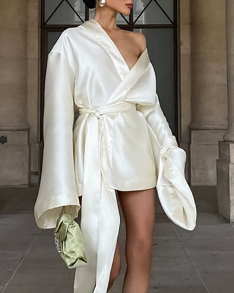 Paisley Beige Off-The-Shoulder Satin Wrap Mini Dress