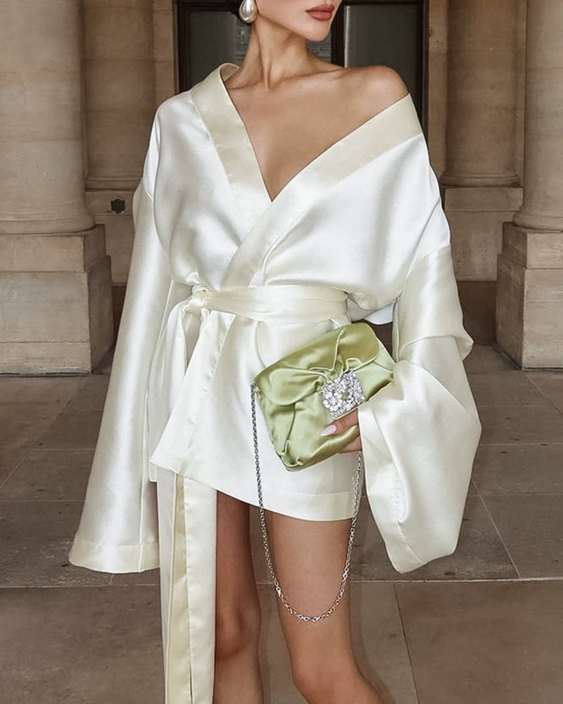 Paisley Beige Off-The-Shoulder Satin Wrap Mini Dress